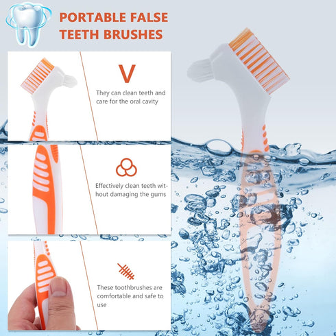 Healifty 4 Pcs Hard Denture Brush - Double Sided Toothbrush for Fake Teeth Cleaning (Orange)