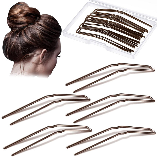 MTLEE 24 Pcs U Shaped Hair Pins, Ballet Bobby Pins for Updo with Storage Box for Women Girls (Brown, 2.5 Inch, 3 Inch)