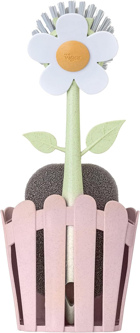 Vigar Florganic 3-Piece Sink Caddy Set, Eco-Friendly Daisy-Shaped Dish Brush, Sponge & Holder with Suction Cup (Pink)