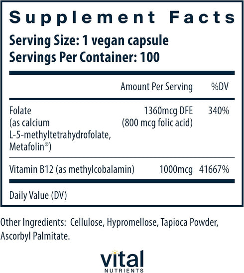 Vital Nutrients Vitamin B12 & Methyl Folate, Vegan Supplement, 100 Capsules