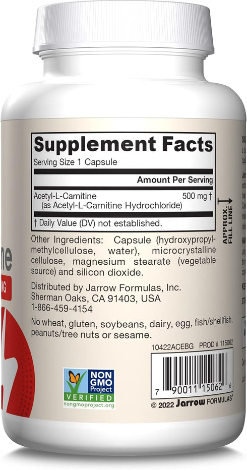 Jarrow Formulas Acetyl L-Carnitine 500mg, Dietary Supplement, 120 Veggie Capsules, Brain Health Support