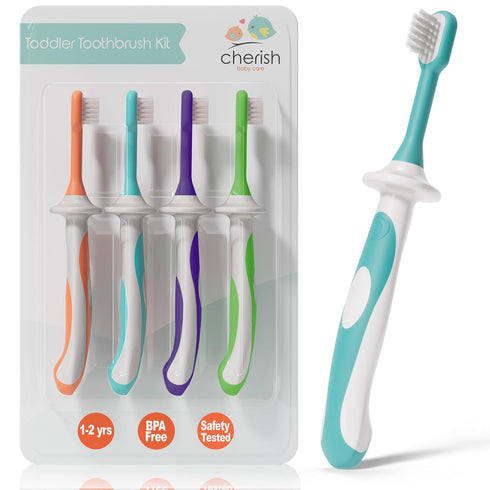 Cherish Baby Care Toddler Toothbrushes (4-Pack) for 1-2 Years - BPA-Free, Soft-Grip, Pediatric Dentist Designed