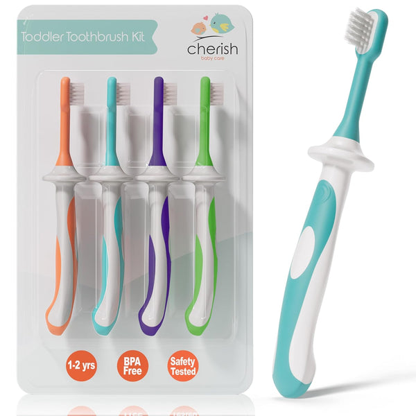 Cherish Baby Care Toddler Toothbrushes (4-Pack) for 1-2 Years - BPA-Free, Soft-Grip, Pediatric Dentist Designed