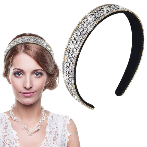 Sibba 1 PC Headband Rhinestone Wide Hair Band Headpiece Bridal Wedding Fancy Jeweled Bling Silver Beaded Sparkly Faux Diamond Crystal Sparkle Sequin Headwear Birthday Mother's Day Dressy Girl Women