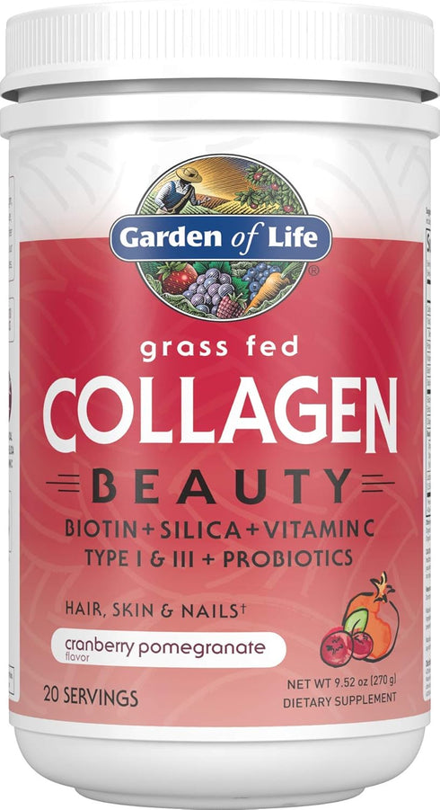 Garden of Life Grass Fed Collagen Beauty - Cranberry Pomegranate, 20 Servings, Collagen Powder for Hair, Skin & Nails
