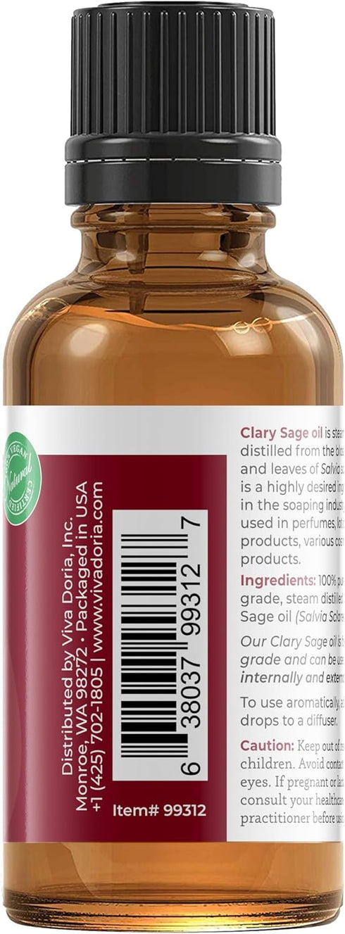 Viva Doria 100% Pure Clary Sage Essential Oil, Undiluted, Food Grade, 30 mL (1 Fl Oz)