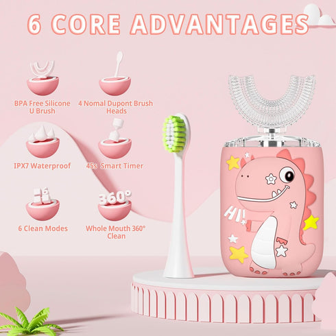 Kids U Shaped Electric Toothbrush, Toddler Toothbrush with 2 U-Shaped Brush Heads 2 Soft Replacements with Toothpaste Automatic Toothbrush Rechargeable,6 Cleaning Modes - Age2-7 Pink