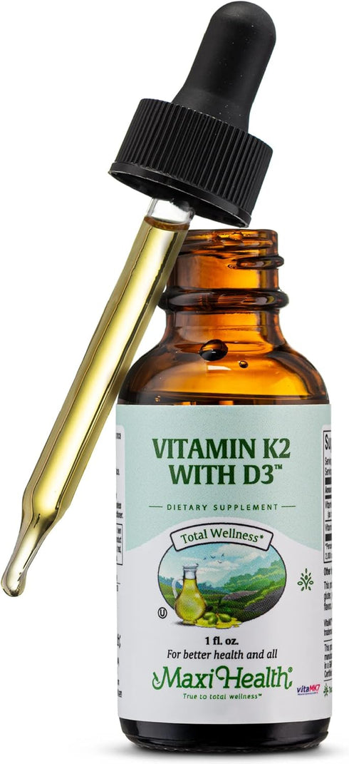 Maxi Health Liquid Vitamin D3 with K2 Drops, 1 fl oz Vitamin Supplement for Long-Term Health