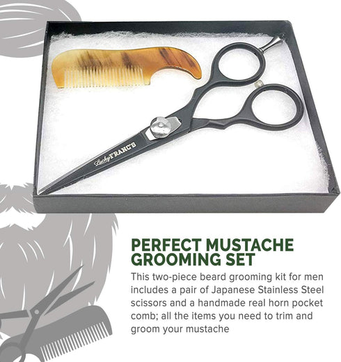 Lucky Franc's Beard Grooming Kit with Japanese Scissors & Handmade Mini Combs for Men, Mustache Trimming