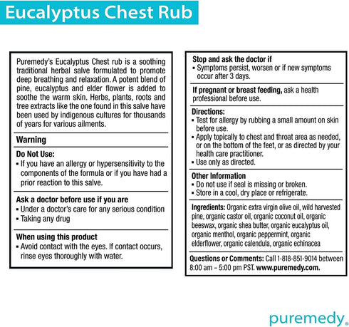 Puremedy Eucalyptus Chest Rub, Homeopathic Remedy for Deep Breathing and Relaxation, 2oz.