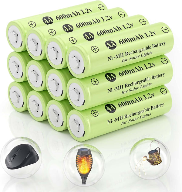 12 Pack AA 1.2V Ni-MH Rechargeable Batteries 600mAh for Outdoor Solar Lights, Pathway Lights