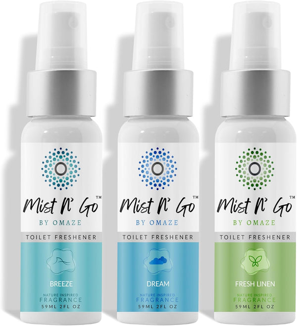Mist N’ Go by Omaze Travel Bathroom Spray for Toilet Odor Eliminator - Clean Mix, Regular Size (2oz x3)