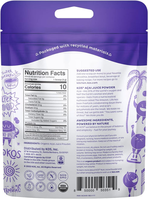 KOS USDA Organic Acai Powder, Unsweetened Superfood - Natural Antioxidant, Acai Berry for Smoothies and Bowls - Polyphenol Abundant, Gluten-Free, Non-GMO, Climate Friendly resealable Bag, 40 Servings