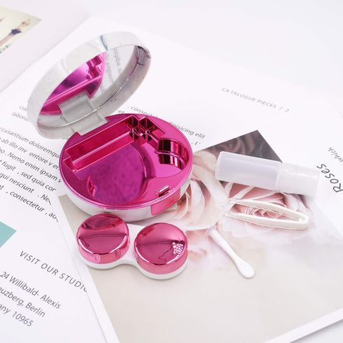 Honbay Fashion Marble Contact Lens Case, Portable Kit with Mirror, Round, Rose Red