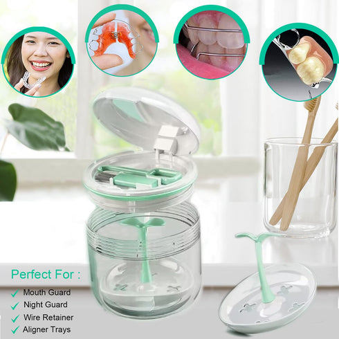 Denture Bath Cup, Retainer Cleaner Case Box, Night Mouth Guard Holder with Drain Tray for Travel Cleaning