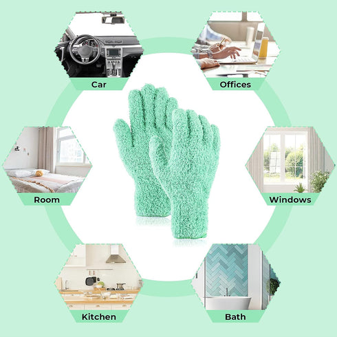 1 Pair Microfiber Dusting Gloves, Reusable Washable Cleaning Mittens for House Cleaning and Small Corners (Green)