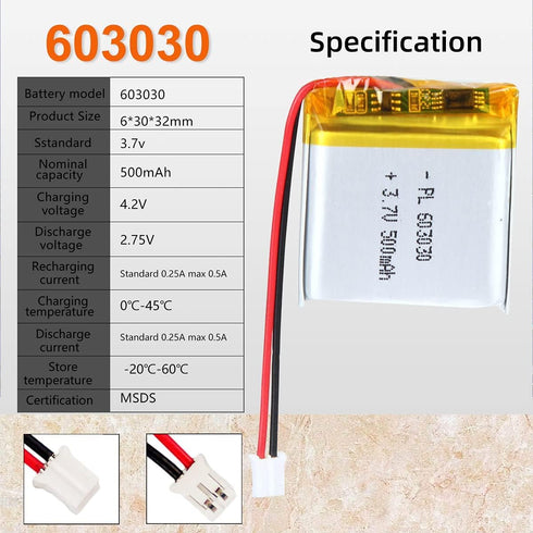 3.7V 500mAh 603030 Lipo Battery Pack, Rechargeable Lithium Polymer Ion Battery with PH2.0mm JST Connector