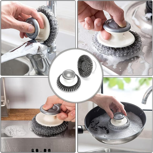 2Pcs Stainless Steel Scrubber with Handle, Steel Wool Scrubbing Brush Pad for Cleaning Kitchen Dishes, Pots, Pans