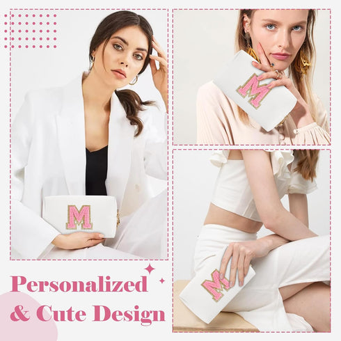 Personalized Initial A-Z Makeup Bag, Small PU Leather Travel Pouch, White Cute Toiletry