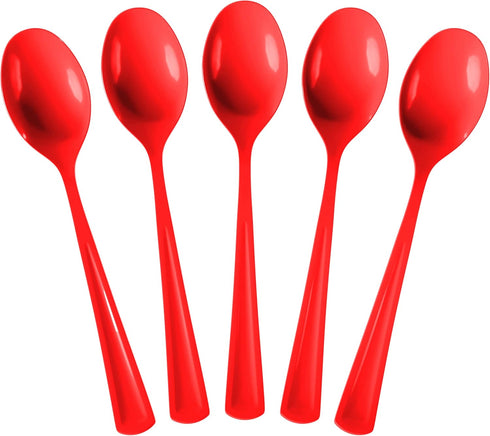 Disposable Red Plastic Spoons, 50 Pcs - Heavy Duty Red Plastic Cutlery