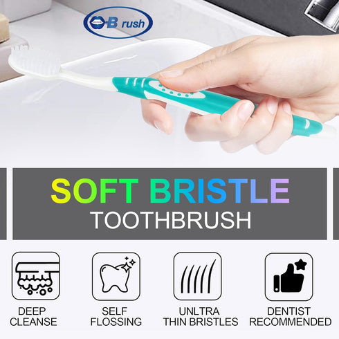 Pack 4 B Rush B Extra Soft Toothbrushes for Adults - Flossing Toothbrush for Sensitive Teeth and Receding Gums, Tapered