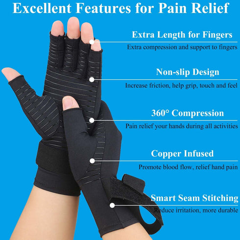 2 Pairs Fingerless Copper Arthritis Gloves for Women Men, Compression Gloves for Hand Pain Relief