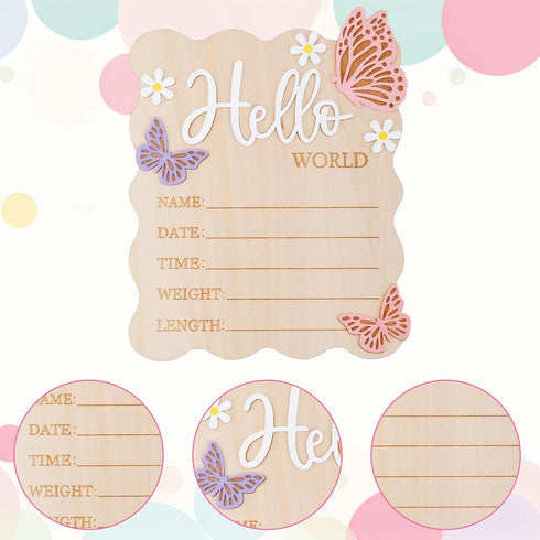 lasuroa Butterfly Daisy Hello World Newborn Sign, Wooden Baby Birth Announcement Board Newborn Welcome Decoration