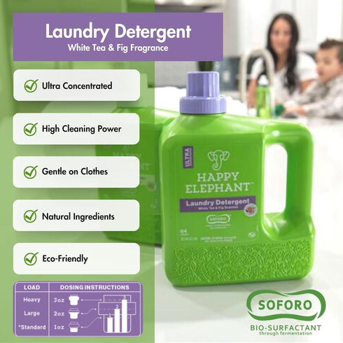 Happy Elephant Laundry Detergent, Ultra Concentrated Liquid Soap, Fresh Linen, 64 Loads, White Tea and Fig