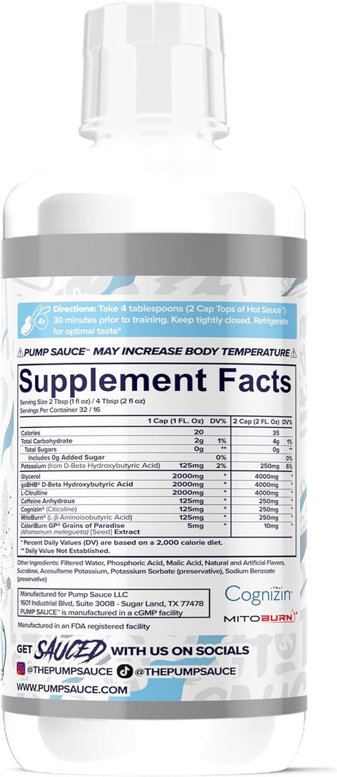 Pump Sauce 32 Oz Hot Sauce Thermogenic Pre-Workout, White Cherry Flavor, Liquid Energy Supplement with Caffeine