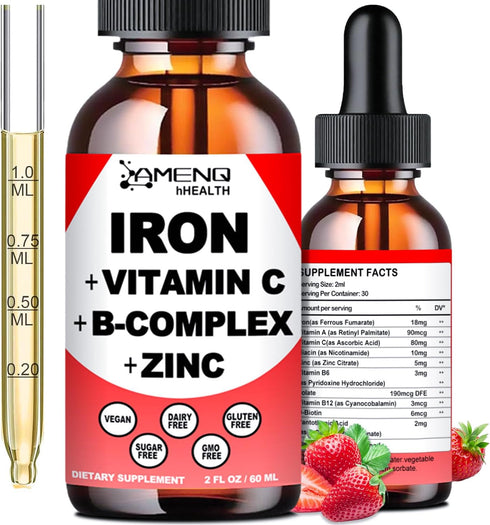 Liquid Iron Supplement w/Vitamin C, A, B-Complex, Vegan Iron Drops High Potency Liquid Vitamin & Iron Supplements