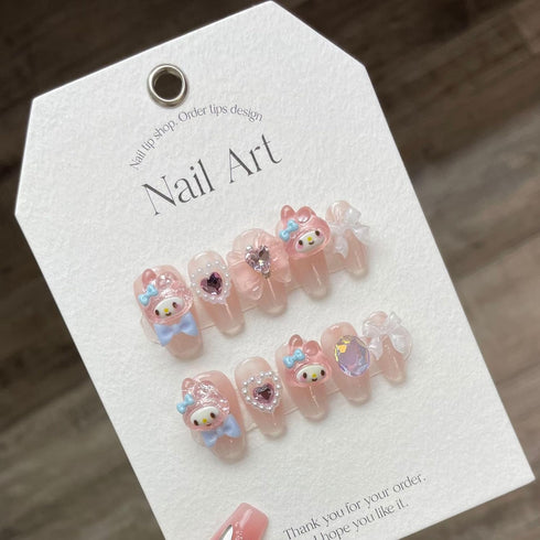 Thick Handmade Gel Press on Nails, Long Square Bling Pearl Cute Bow Rhinestone Kawaii Fake Nails Kit, Size M, 10 Nails