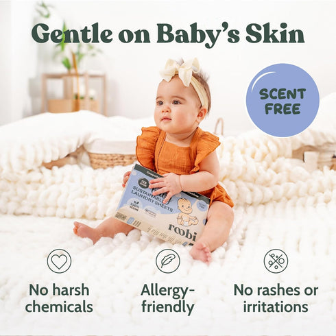 Roobi Unscented Baby Laundry Detergent Sheets for Sensitive Skin, Sustainable for Newborns & Infants, Up to 128 Loads