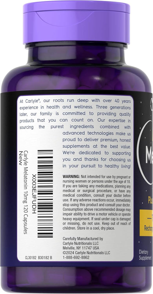 Carlyle Melatonin 10mg with Ashwagandha | 120 Capsules | Triple Strength Formula, Non-GMO, Gluten Free