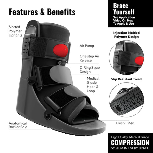 Rapid Recover Short Walking Boot, Medical Grade Foot & Ankle Support Brace, Adjustable Air Pump, Small, Black