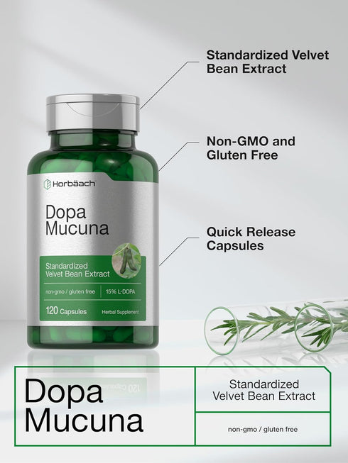Horbaach Dopa Mucuna 120 Capsules | Velvet Bean Extract | 15% L-Dopa | Non-GMO & Gluten Free Herbal Supplement