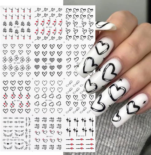 Valentine's Day Nail Art Stickers, Black Heart Water Transfer Decals, Simple Love Design for Women 12Pcs
