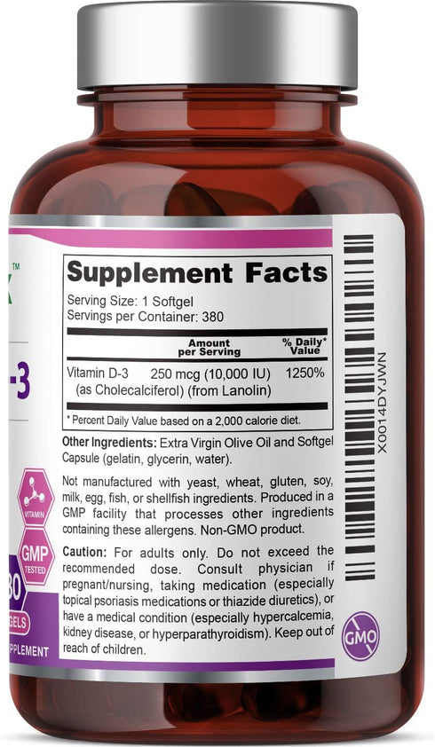 biophix Vitamin D-3 10000 IU | 380 Softgels | High-Potency in Extra Virgin Olive Oil | Non-GMO, Soy-Free for Strong