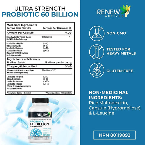 Renew Actives New Probiotics - 60 Billion CFU with MAKTREK Bi-Pass Technology for Digestive Health, Immunity, 60