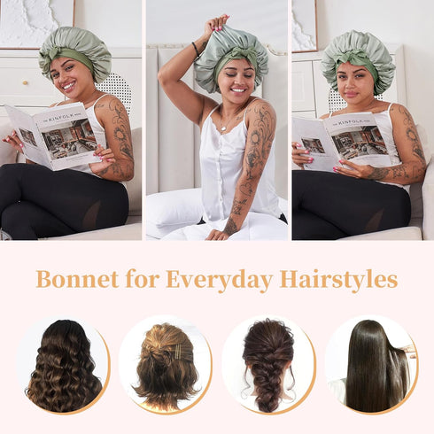 Silk Satin Bonnet for Sleeping Hair: Women Night Wrap Cap for Straight Wavy Curly Coily Kinky Natural Hair by Tie Band