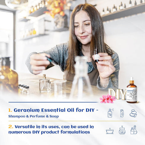 HIQILI 100ML Geranium Essential Oil - 100% Pure and Natural for Skin, Diffuser & Candle - 3.38 Fl. Oz