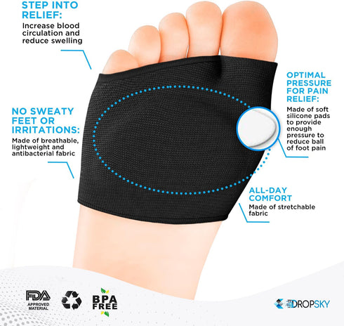 Metatarsal Sleeves Inserts with Gel Pads - 4 Pieces - Immediate Bottom Ball of Foot Support Pain Relief - Soft Padding - Aid Metatarsalgia, Mortons Neuroma, Sesamoiditis, Insole Men, Women (Black)