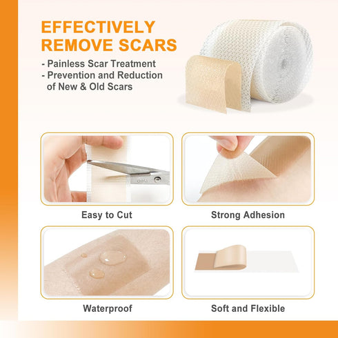 Silicone Scar Sheets, 1" x 60" Roll, Soft Silicone Tape for Scars Removal, Painless for Surgery, C-section, Burn
