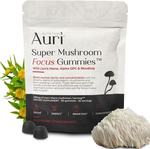 Auri Super Mushroom Focus Gummies - 60 Vegan Friendly Gummies with Lion's Mane, Alpha GPC & Rhodiola for Cognitive