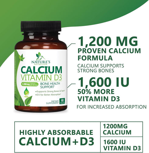 Calcium 1200 mg Plus Vitamin D3, 60 Tablets, Bone Health & Immune Support