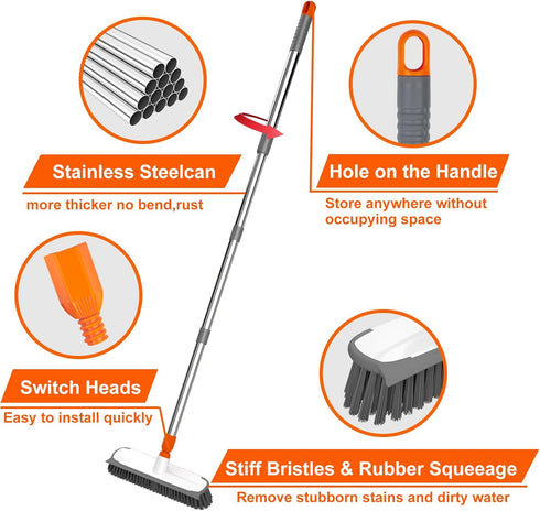BITOPE Multi Purpose Floor Scrubber Brush with Long Handle, 12" Hard Bristle Brush for Heavy-Duty Cleaning