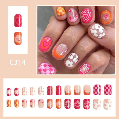 Short Square Press on Nails - Pink Fake Nails with French Tips, Rainbow Colorful Flower Heart Lattice Pattern, Summer