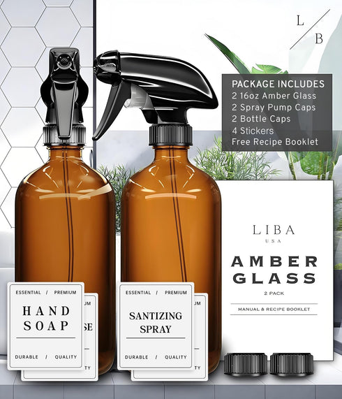 LiBa Amber Glass Spray Bottles, 2 Pack, 16 oz Refillable Empty Spray Bottle for Cleaning, Adjustable Nozzle