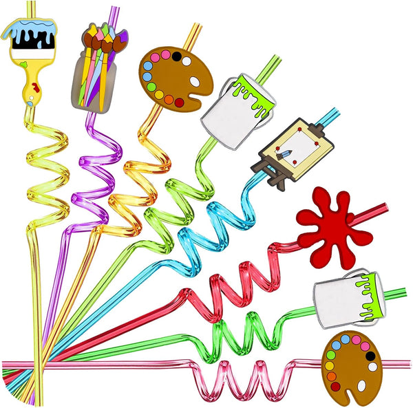 24pcs Art Painting Curly Straws for Cocktail Drink, Birthday Party Supplies Decorations with 2 Cleaning Brushes