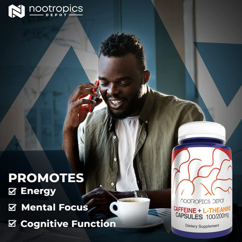 Nootropics Depot Caffeine and L-Theanine Capsules | 60 Pills | 100mg Caffeine, 200mg L-Theanine | Energy Booster