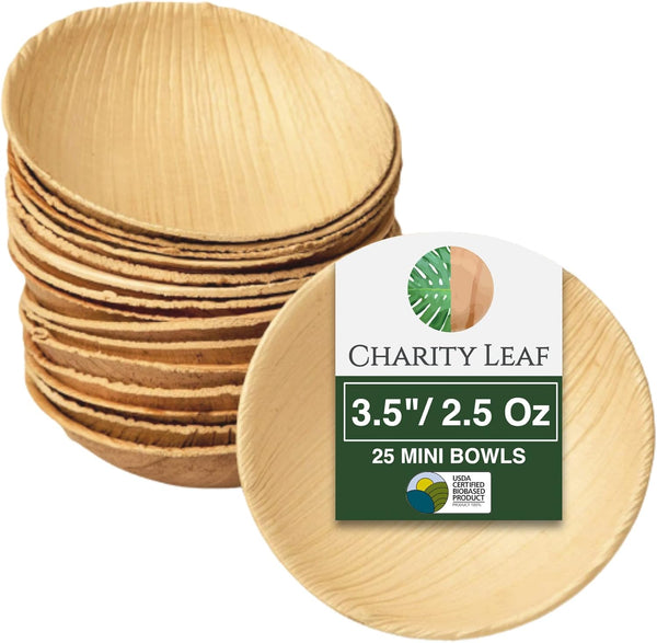 Disposable Palm Leaf 3.5" Round Mini Bowl, 25 pcs Dipping Bowls, All Natural and Biodegradable